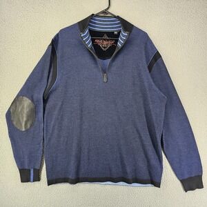 Robert Graham Sweater Mens 2XL Navy Blue Wool 1/4 Zip‎ Elbow Patch Mock Neck